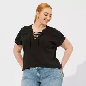 Torrid Deep Black Vintage Cotton Jersey Lace Up Dolman Tee Shirt Top